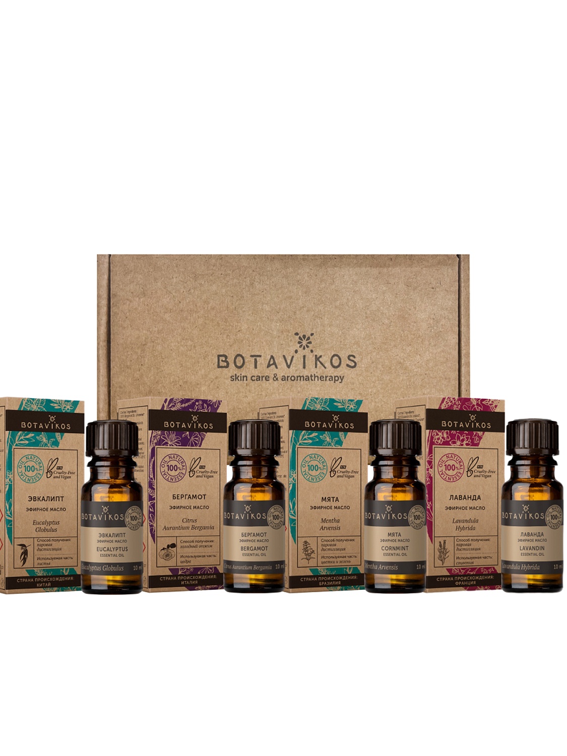 Набор эфирных масел для бани, дома и ароматерапии (эвкалипт, бергамот, мята луговая, лаванда) 4*10 мл